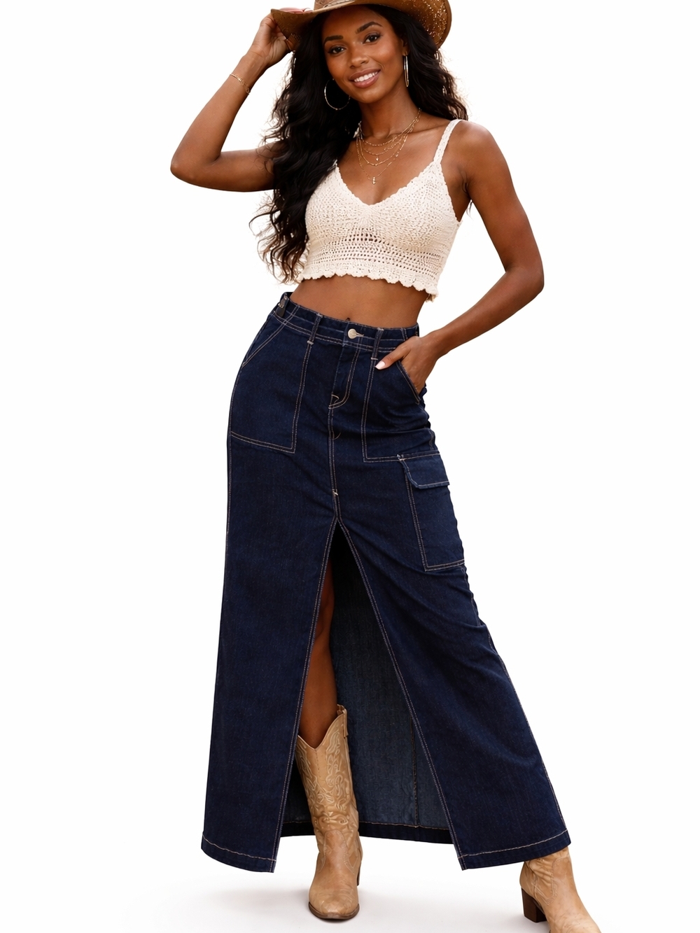 NWT True Religion Dark Denim Cargo Maxi Jean Skirt Festival Rodeo Horseshoe 28 M